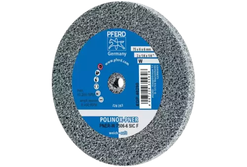 Dysk z włókniny prasowanej POLINOX PNER Ø 75X6 mm do otworu Ø 6 mm miękki SIC drobnoziarnisty do wykańczania 1