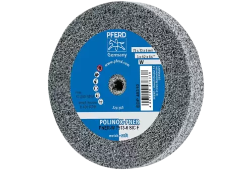 Dysk z włókniny prasowanej POLINOX PNER Ø 75 × 13 mm do otworu Ø 6 mm miękki SIC drobnoziarnisty do wykańczania 1