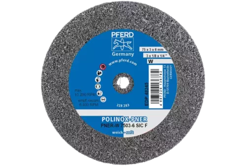 Dysk z włókniny prasowanej POLINOX PNER Ø 75 × 3 mm do otworu Ø 6 mm miękki SIC drobnoziarnisty do wykańczania 1