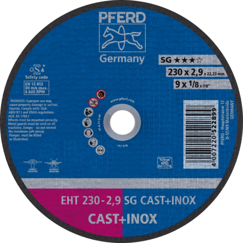 Tarcza do cięcia żeliwa 230x2,9x22,23 SG CAST + INOX płaska Pferd 61328832 1