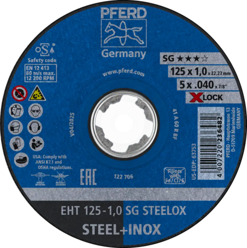 Tarcza do cięcia metalu 125x1x22,23 X-LOCK SG STEELOX płaska Pferd 61341113 1