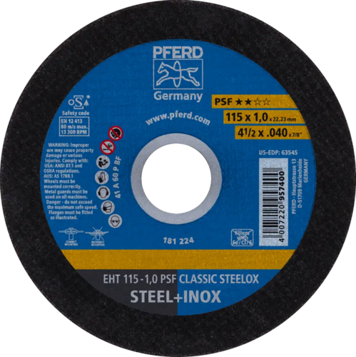 Tarcza do cięcia metalu 115x1x22,23 PSF CLASSIC STEELOX płaska Pferd 61715150 1