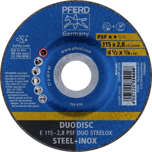 Tarcza do cięcia metalu 115x2,8x22,23 PSF DUO STEELOX wypukła Pferd 62011620 1