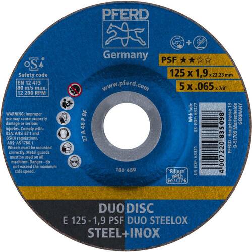 Tarcza do cięcia metalu 125x1,9x22,23 PSF DUO STEELOX wypukła Pferd 62012630 1