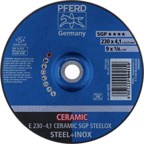 Tarcza do szlifowania metalu 230x4,1x22,23 CERAMIC SGP STEELOX wypukła Pferd 62100230 1
