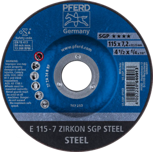 Tarcza do szlifowania metalu 115x7,2x22,23 ZIRKON SGP STEEL wypukła Pferd 62211737 1