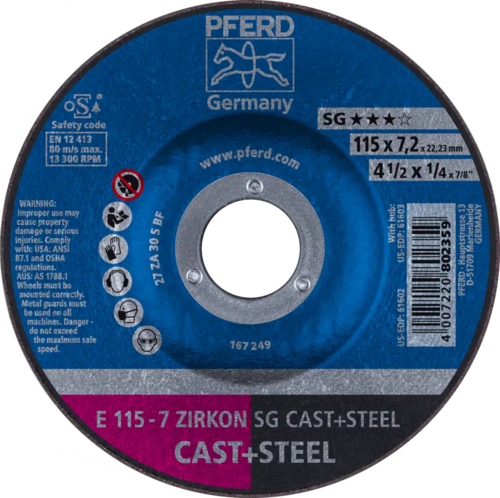 Tarcza do szlifowania żeliwa 115x7,2x22,23 ZIRKON SG CAST+STEEL wypukła Pferd 62211747 1