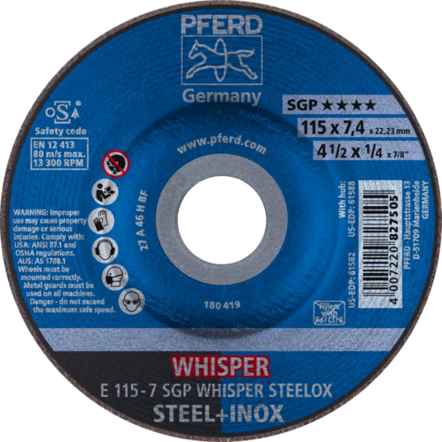 Tarcza do szlifowania metalu 115x7,4x22,23 WHISPER SGP STEELOX wypukła Pferd 62211848 1