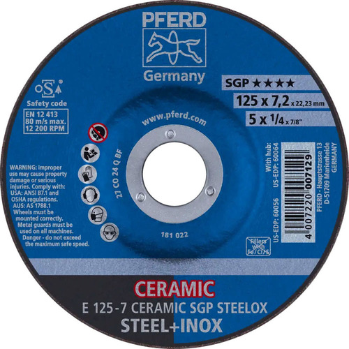 Tarcza do szlifowania metalu 125x7,2x22,23 CERAMIC SGP STEELOX wypukła Pferd 62212300 1