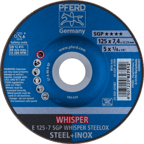 Tarcza do szlifowania metalu 125x7,4x22,23 WHISPER SGP STEELOX wypukła Pferd 62212848 1