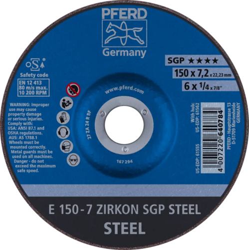 Tarcza do szlifowania metalu 150x7,2x22,23 ZIRKON SGP STEEL wypukła Pferd 62215326 1