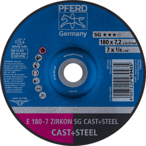 Tarcza do szlifowania żeliwa 180x7,2x22,23 ZIRKON SG CAST+STEEL wypukła Pferd 62217628 1