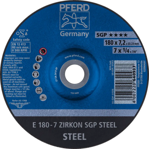 Tarcza do szlifowania metalu 180x7,2x22,23 ZIRKON SGP STEEL wypukła Pferd 62217737 1