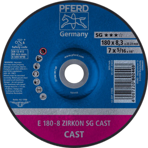 Tarcza do szlifowania żeliwa 180x8,3x22,23 ZIRKON SG CAST wypukła Pferd 62217747 1