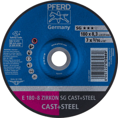 Tarcza do szlifowania żeliwa 180x8,3x22,23 ZIRKON SG CAST+STEEL wypukła Pferd 62217837 1