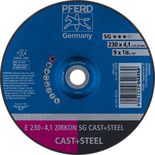 Tarcza do szlifowania żeliwa 230x4,1x22,23 ZIRKON SG CAST+STEEL wypukła Pferd 62218310 1