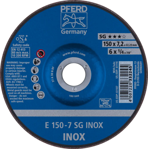 Tarcza do szlifowania metalu 230x5,2x22,23 SG INOX wypukła Pferd 62222730 1