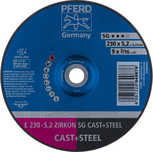 Tarcza do szlifowania żeliwa 230x5,2x22,23 ZIRKON SG CAST+STEEL wypukła Pferd 62223527 1