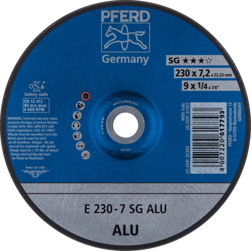 Tarcza do szlifowania aluminium 230x7,2x22,23 SG ALU wypukła Pferd 62223700 1