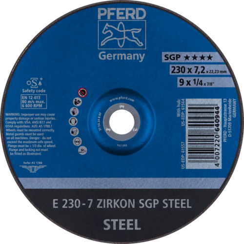 Tarcza do szlifowania metalu 230x7,2x22,23 ZIRKON SGP STEEL wypukła Pferd 62223737 1