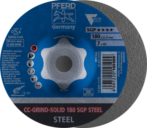 Tarcza do szlifowania metalu 180x22,23 CC-GRIND SOLID SGP STEEL wypukła Pferd 64187180 1