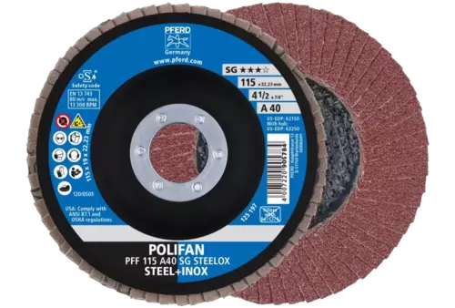 Ściernica listkowa POLIFAN PFF 115 × 22,23 mm płaska A40 linia wydajna SG STEELOX stal/stal nierdzewna 1