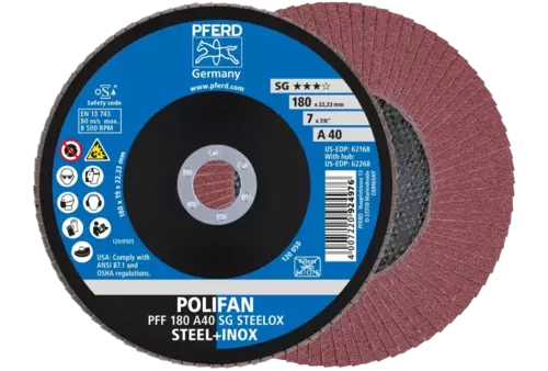 Ściernica listkowa POLIFAN PFF 180 × 22,23 mm płaska A40 linia wydajna SG STEELOX stal/stal nierdzewna 1