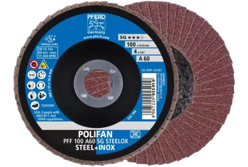 Ściernica listkowa POLIFAN PFF 100 × 16 mm płaska A60 linia wydajna SG STEELOX stal/stal nierdzewna 1