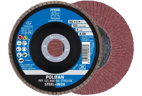 Ściernica listkowa POLIFAN PFF 125 × 22,23 mm płaska A60 linia wydajna SG STEELOX stal/stal nierdzewna 1