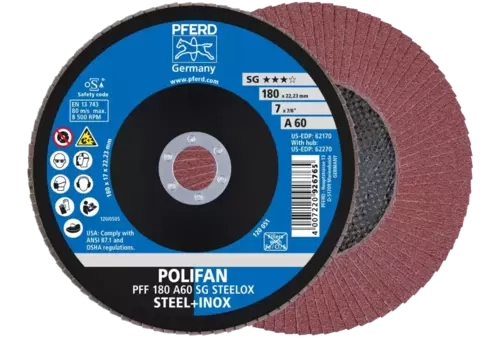Ściernica listkowa POLIFAN PFF 180 × 22,23 mm płaska A60 linia wydajna SG STEELOX stal/stal nierdzewna 1