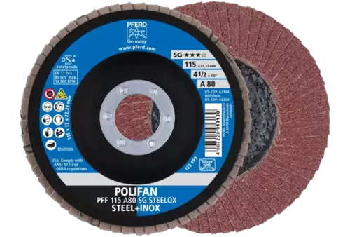 Ściernica listkowa POLIFAN PFF 115 × 22,23 mm płaska A80 linia wydajna SG STEELOX stal/stal nierdzewna 1