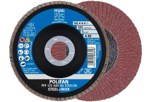 Ściernica listkowa POLIFAN PFF 125 × 22,23 mm płaska A80 linia wydajna SG STEELOX stal/stal nierdzewna 1