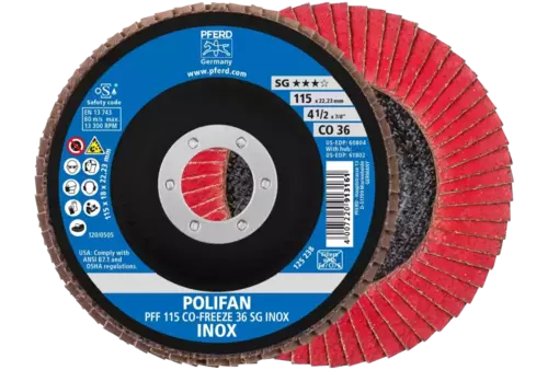 Ściernica listkowa POLIFAN PFF 115 × 22,23 mm płaska CO-FREEZE 36 linia wydajna SG INOX stal nierdzewna 1