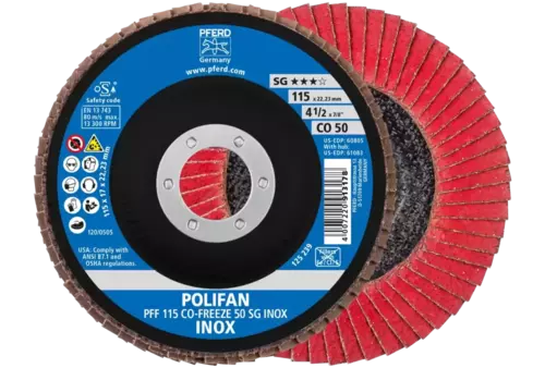 Ściernica listkowa POLIFAN PFF 115 × 22,23 mm płaska CO-FREEZE 50 linia wydajna SG INOX stal nierdzewna 1