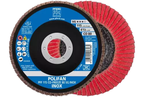 Ściernica listkowa POLIFAN PFF 115 × 22,23 mm płaska CO-FREEZE 80 linia wydajna SG INOX stal nierdzewna 1