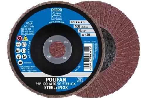 Ściernica listkowa POLIFAN PFF 100 × 16 mm płaska A120 linia wydajna SG STEELOX stal/stal nierdzewna 1