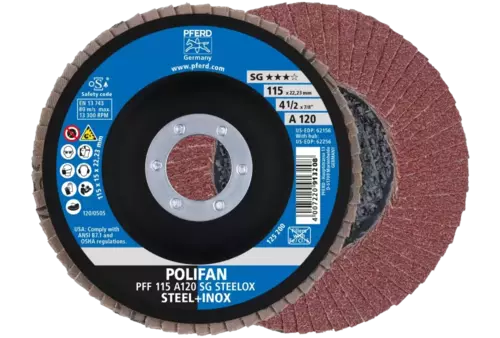 Ściernica listkowa POLIFAN PFF 115 × 22,23 mm płaska A120 linia wydajna SG STEELOX stal/stal nierdzewna 1