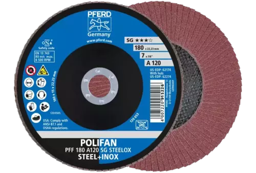 Ściernica listkowa POLIFAN PFF 180 × 22,23 mm płaska A120 linia wydajna SG STEELOX stal/stal nierdzewna 1