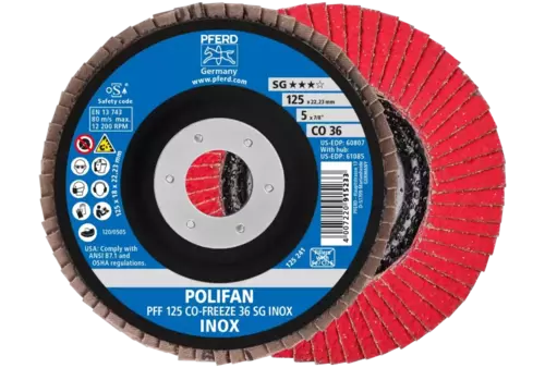Ściernica listkowa POLIFAN PFF 125 × 22,23 mm płaska CO-FREEZE 36 linia wydajna SG INOX stal nierdzewna 1