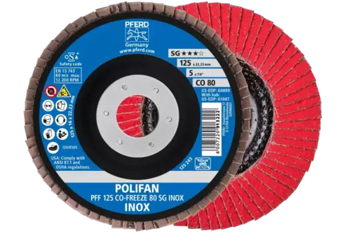 Ściernica listkowa POLIFAN PFF 125 × 22,23 mm płaska CO-FREEZE 80 linia wydajna SG INOX stal nierdzewna 1