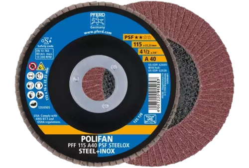 Ściernica listkowa POLIFAN PFF 115 × 22,23 mm płaska A40 linia uniwersalna PSF STEELOX stal/stal nierdzewna 1