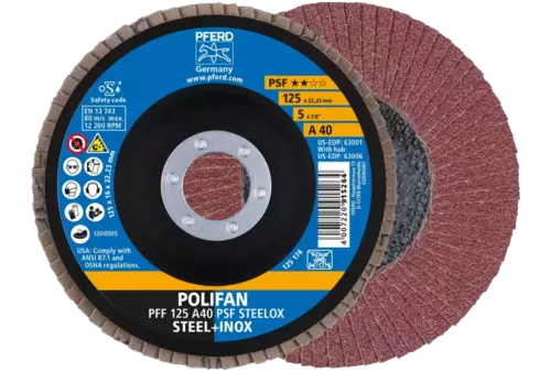 Ściernica listkowa POLIFAN PFF 125 × 22,23 mm płaska A40 linia uniwersalna PSF STEELOX stal/stal nierdzewna 1