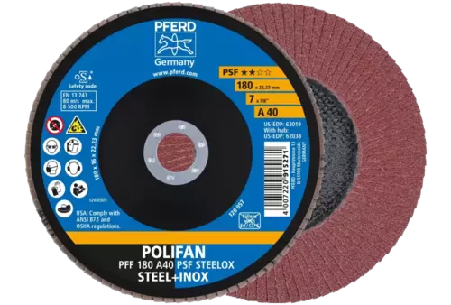 Ściernica listkowa POLIFAN PFF 180 × 22,23 mm płaska A40 linia uniwersalna PSF STEELOX stal/stal nierdzewna 1