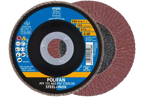 Ściernica listkowa POLIFAN PFF 115 × 22,23 mm płaska A60 linia uniwersalna PSF STEELOX stal/stal nierdzewna 1