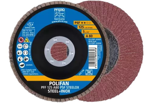 Ściernica listkowa POLIFAN PFF 125 × 22,23 mm płaska A80 linia uniwersalna PSF STEELOX stal/stal nierdzewna 1