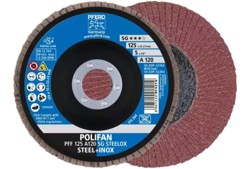 Ściernica listkowa POLIFAN PFF 125 × 22,23 mm płaska A120 linia uniwersalna PSF STEELOX stal/stal nierdzewna 1