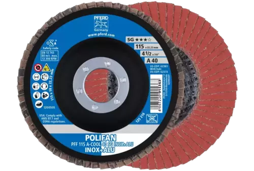Ściernica listkowa POLIFAN PFF 115 × 22,23 mm płaska A-COOL 40 SG INOX+ALU stal nierdzewna/aluminium 1