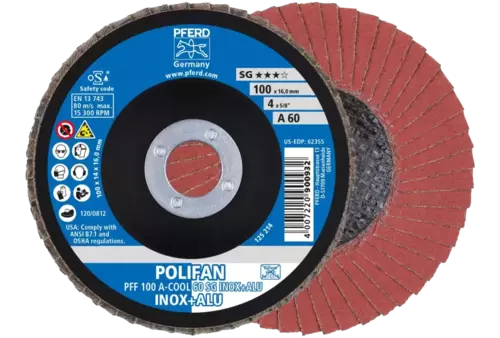 Ściernica listkowa POLIFAN PFF 100 × 16 mm płaska A-COOL 60 SG INOX+ALU stal nierdzewna/aluminium 1
