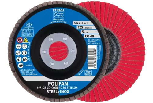 Ściernica listkowa POLIFAN PFF 125 × 22,23 mm płaska CO-COOL 40 SG STEELOX stal/stal nierdzewna 1