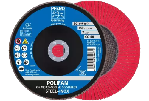Ściernica listkowa POLIFAN PFF 180 × 22,23 mm płaska CO-COOL 40 SG STEELOX stal/stal nierdzewna 1
